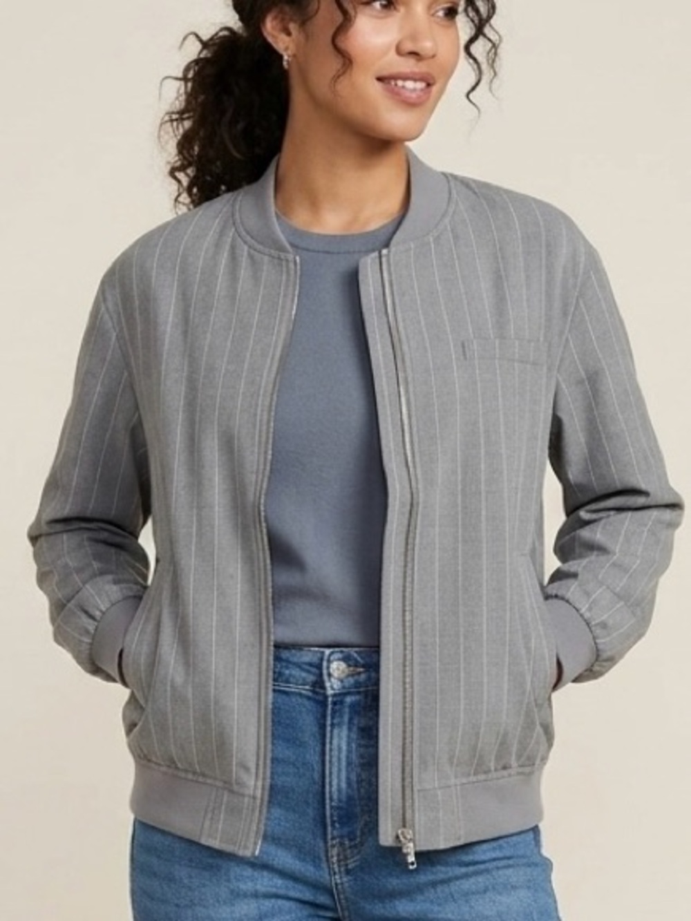 Scoop Womens Gray Pinstripe Bomber Jacket Full Zip Medium M 8-10 Tailored
